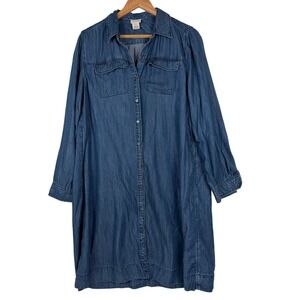 Andrea Jovine Womens Blue Tencel Denim Button Down Shirt Dress Large Long Sleeve